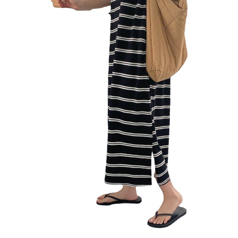 Korean style chic striped T-shirt dress women's summer design versatile loose slimming casual long skirt temperament
