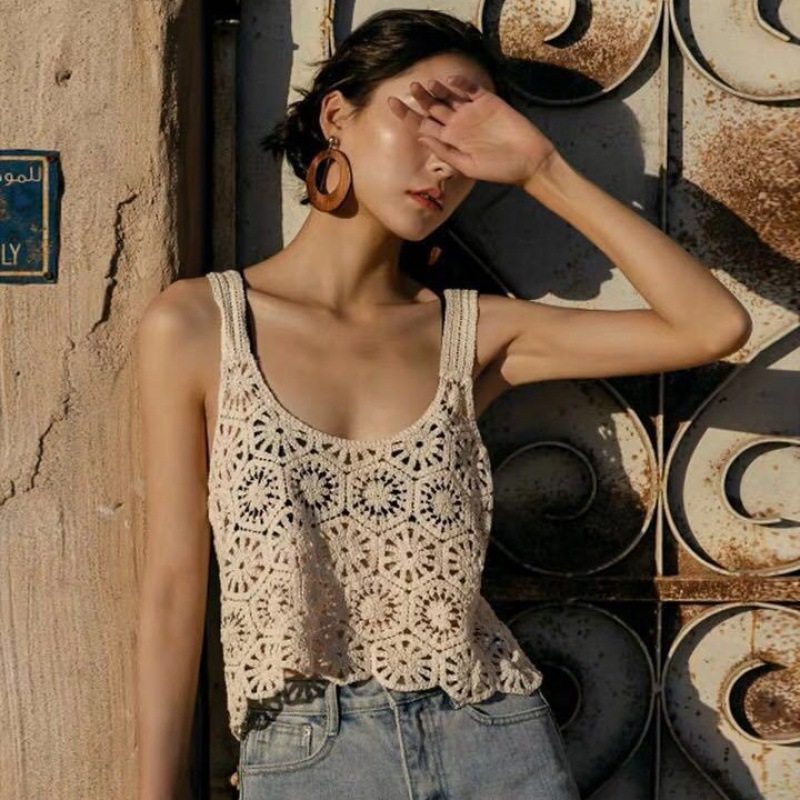 New Retro Hollow Crochet Loose All-match Top Knitted Sweater Embroidered Short Vest Pullover Blouse Summer