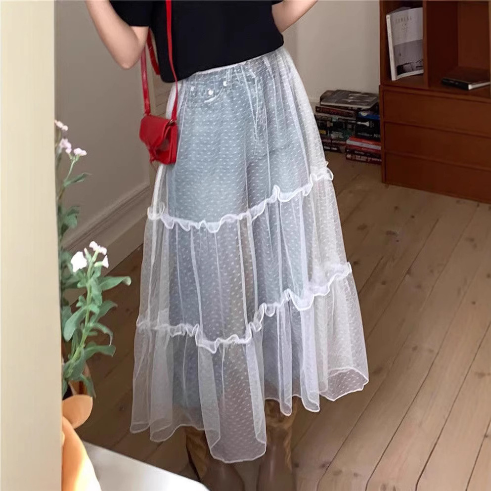 White Stacked Mesh Skirt Women's Spring Korean-style Perspective Cover Skirt Outer Cover Sweet Style Skirt A- shaped Mid-length Skirt
