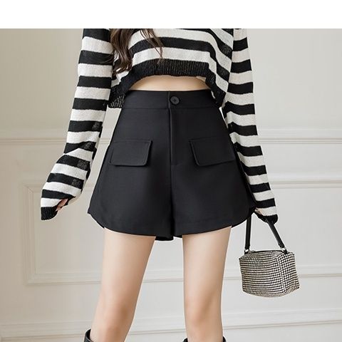 Spring black suit A- word shorts women's new high waist slim fashion three-point belly covered wide leg pants ins tide wholesale