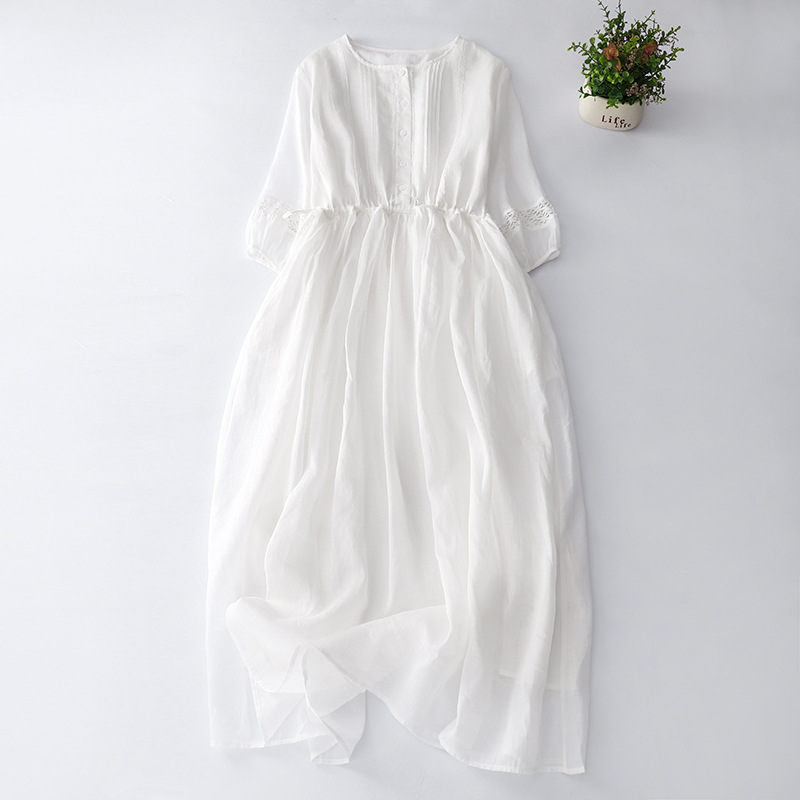 Elegant fairy cotton and linen dress women's 2024 Summer new artistic temperament 3/4 sleeve round neck solid color long skirt