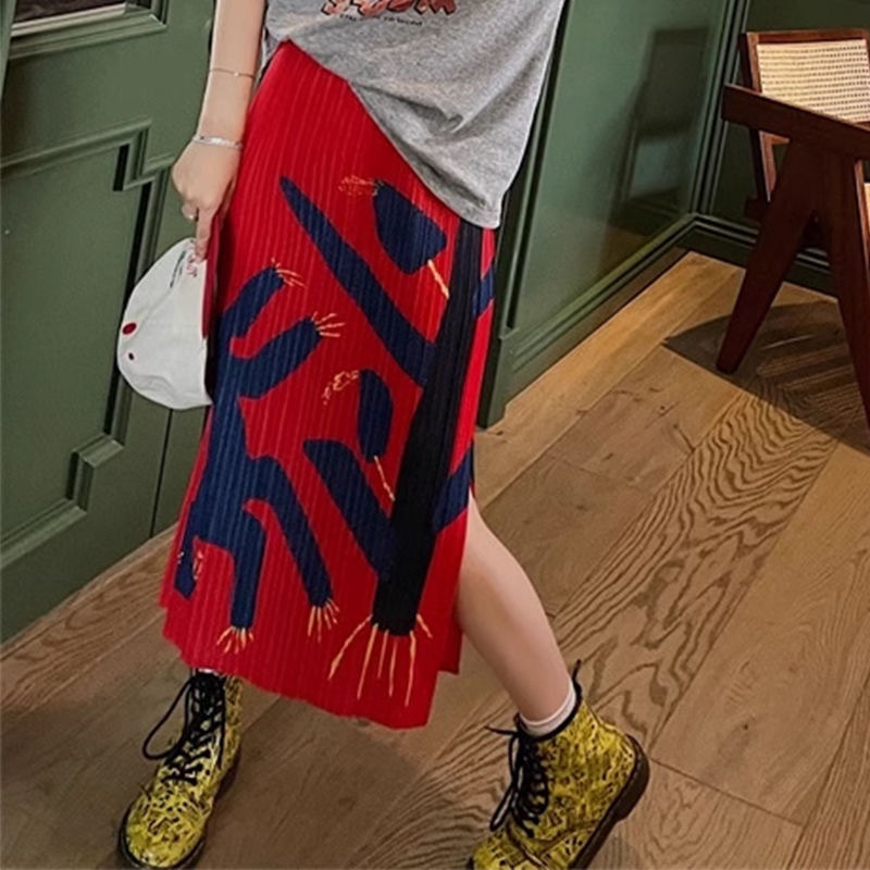 Picture of Niche design pleated skirt spring and summer thin elastic waist printed slimming age-reducing hip slit pleated skirt
