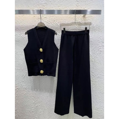 Picture of European Goods Light Luxury Contrast Color Large Gold Button Knitted Cardigan Women's Summer Loose Wide Leg Pants Stylish Fashionable Two-piece Suit Fashion