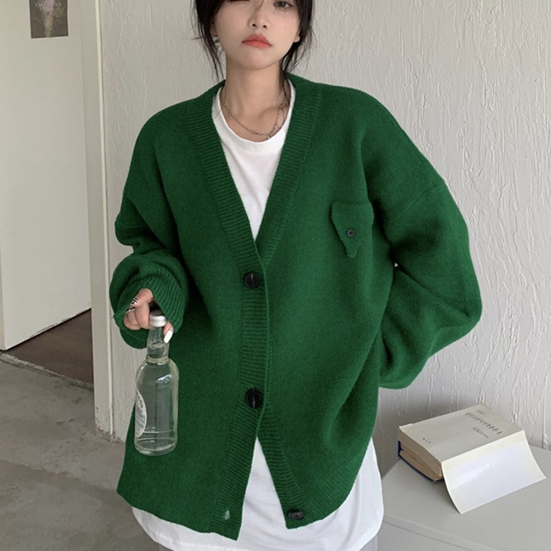 Picture of Lazy Style Sweater Jacket Spring & Fall 2022 New Design Pure Color Loose V Neck Single-Breasted Knitted Cardigan for Women