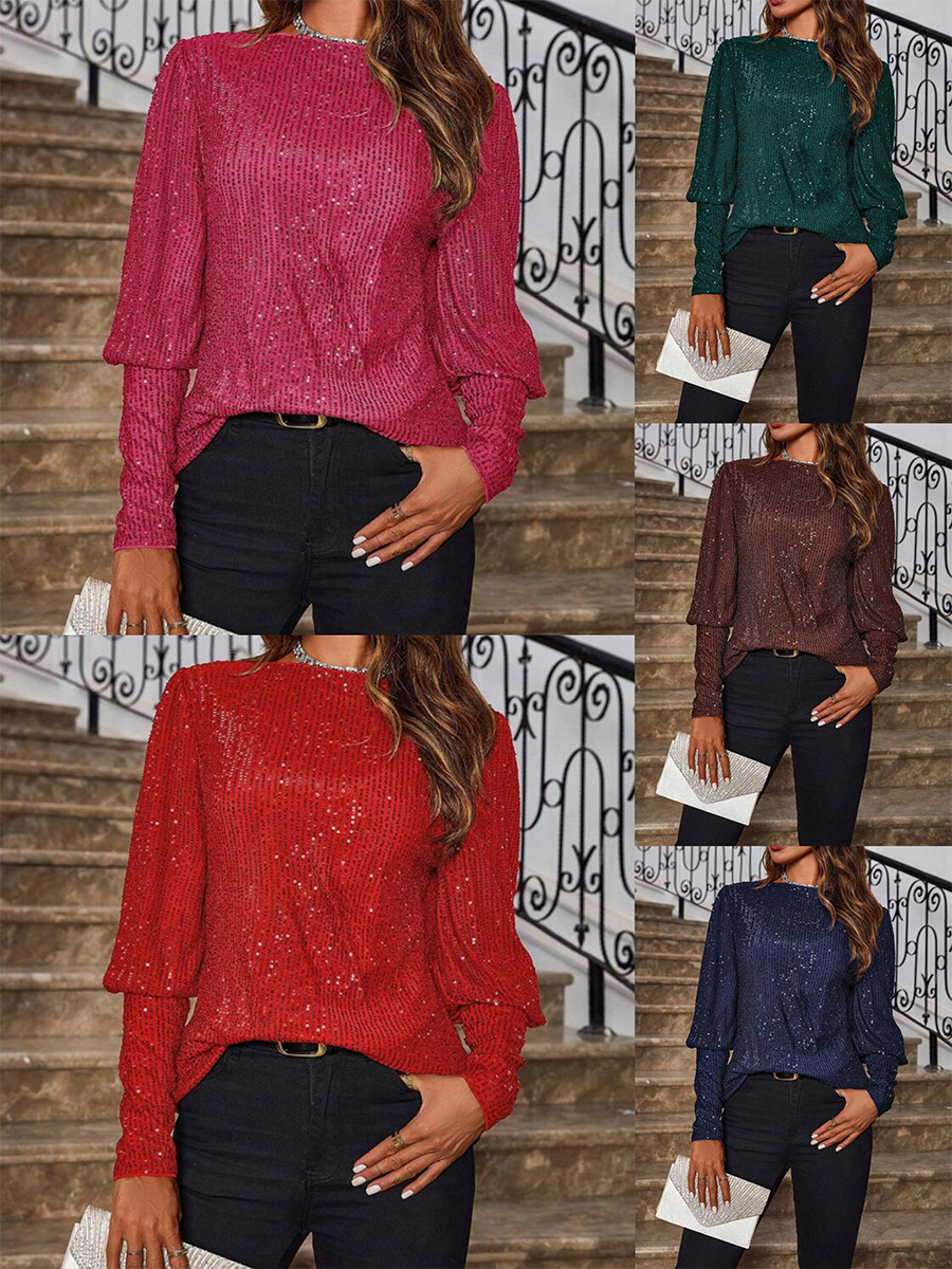2024 Europe and America Amazon Foreign Trade New Commuter Style Loose Long Sleeve Sequin Turtleneck Shirt Women's Top T-Shirt