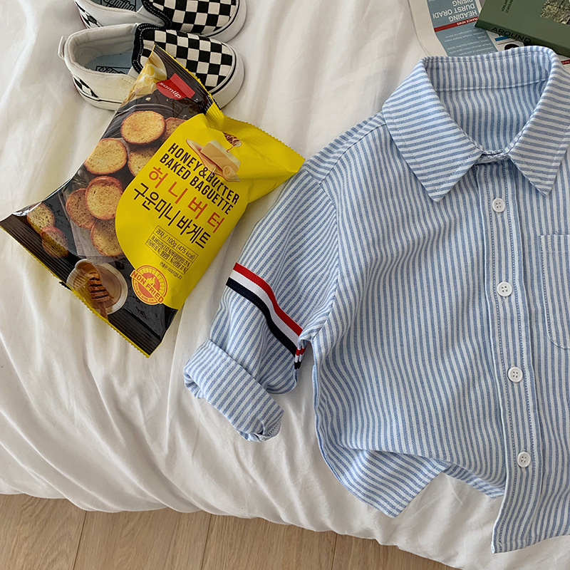 Picture of Tong Chenchen Mom Men's Children's Clothing Western Style Hong Kong Style Temperament Children's Shirt College Style Long Sleeve Shirt Top Striped Tide TB