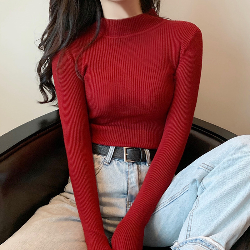 Picture of Sweater women's 2022 new autumn and winter long sleeve inner Slim Korean base shirt half high collar pullover sweater wholesale
