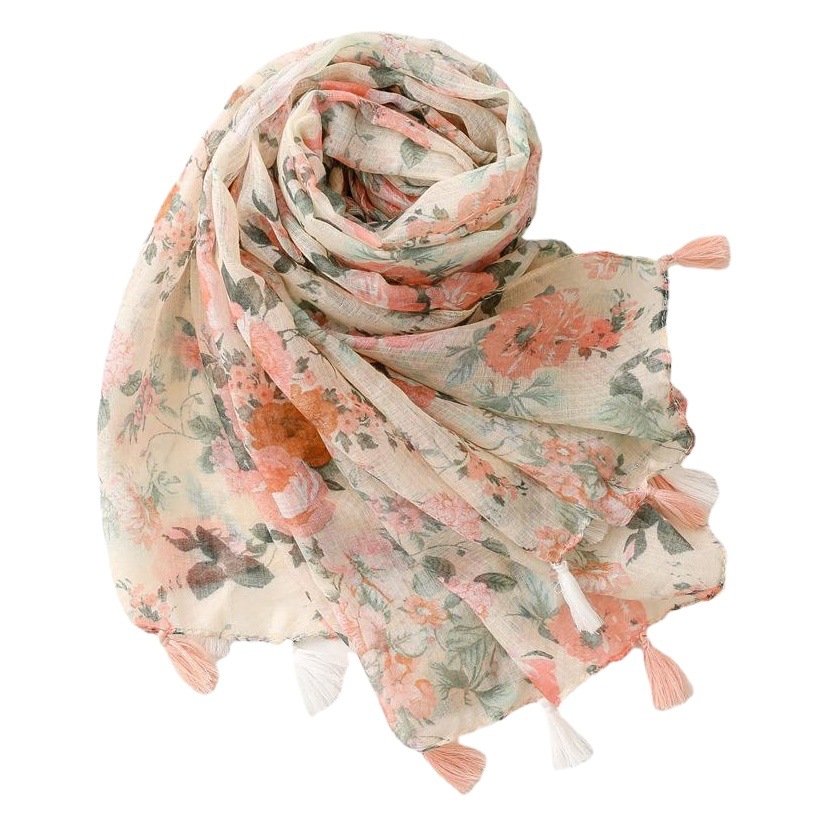 Yitao Scarf Elegant and Fresh Cotton and Linen Hand Scarf Women's apricot Color Large Flower Handmade Tassel Gauze Scarf Shawl