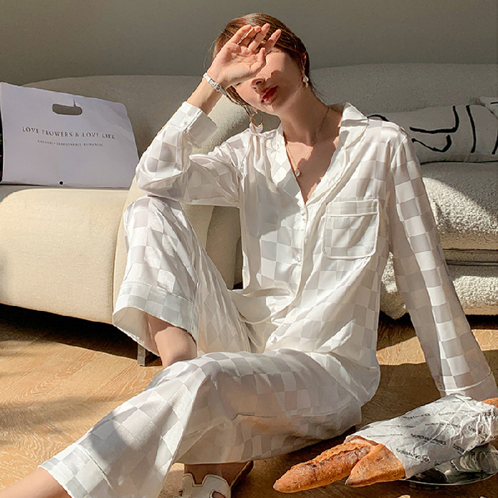 Picture of ins Cyber Celebrity Lace Long-sleeved Simple Black Spring and Autumn Long-sleeved Trousers Cardigan Pajamas Women's Sweet Loose Home Clothes