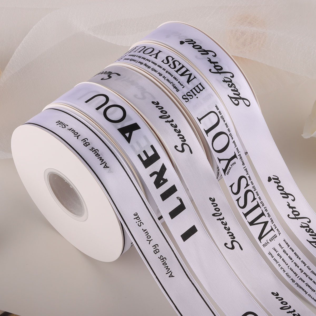2.5cm Printed Beige White English Ribbon Polyester Ribbon Flower Gift Flower Packaging Bow Handmade