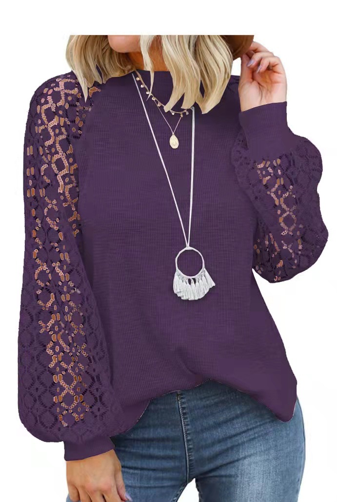 Picture of 2025 New Women's Clothing Amazon Cross-Border Round Neck Long Sleeve Lace Patchwork Loose Top for Women