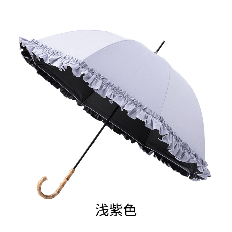 Picture of Large Lace Vinyl Sun Protection Umbrella Anti-Uv Parasol Bamboo Curved Handle Straight Umbrella Manual Sunny Umbrella Wholesale