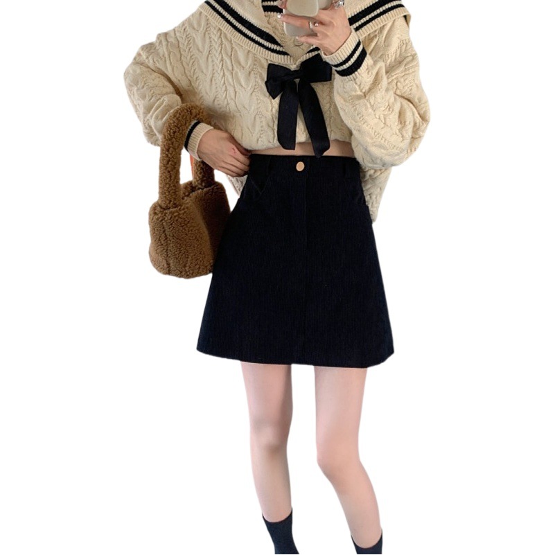 Corduroy A- line Skirt Autumn and Winter 2024 New Women's College-style High Waist Slimming Hot Girl Hip Skirt