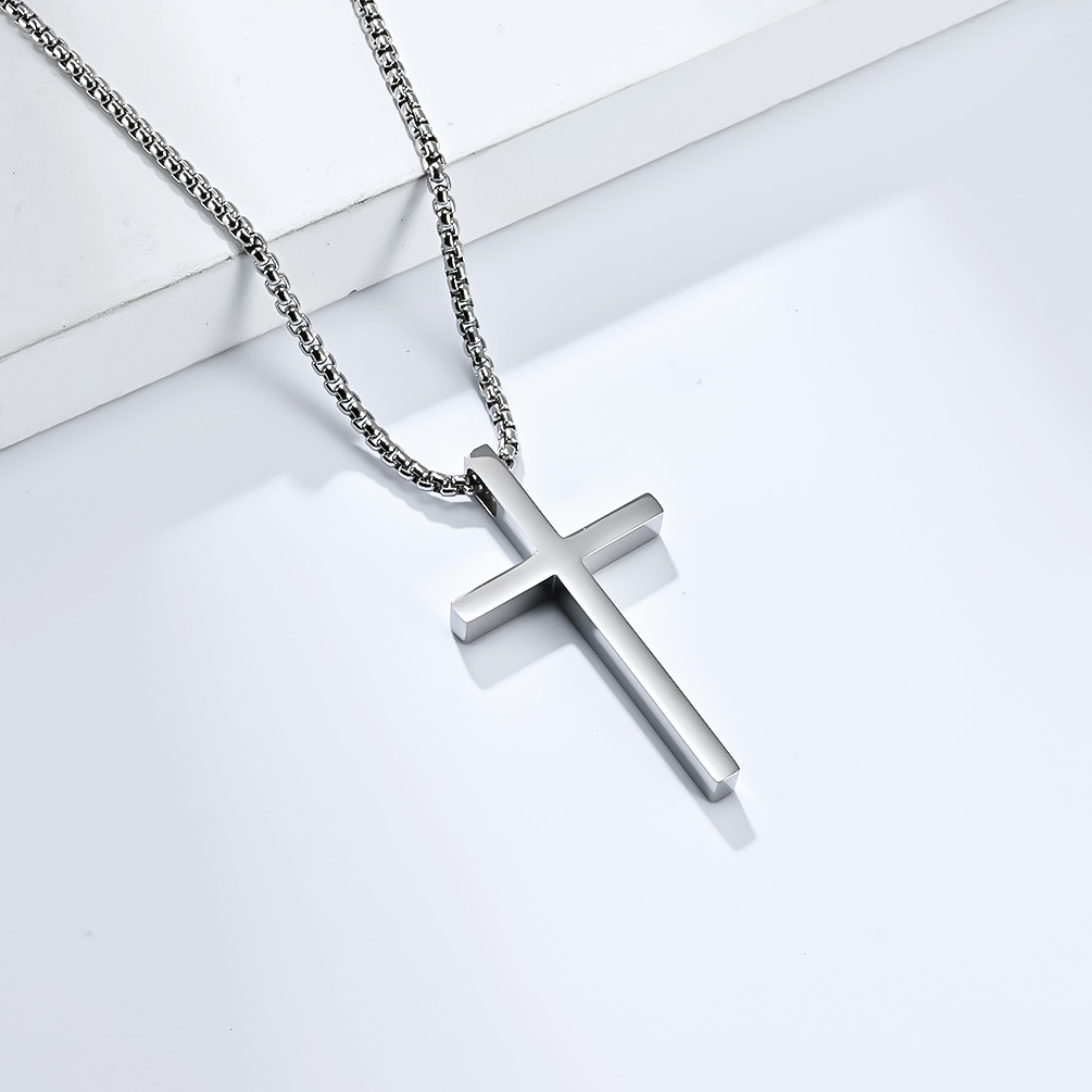 Picture of Ins Genderless Simple Titanium Steel Cross Necklace Glossy Niche Stylish Men and Women Wear Sweater Chain Pendant