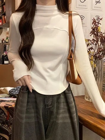 Chic Vintage Solid Color Fishbone Line Waistline Semi-high Collar Long-sleeved T-shirt Women's Korean-style Velvet Short Base Shirt Top