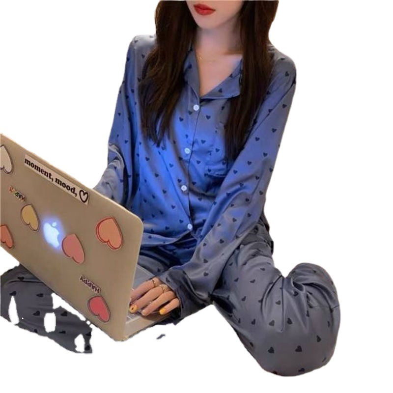 2025 Pajamas Women's Ins Style Sweet Love Pajamas Long Sleeve Women's Home Clothes Silk Pajamas Set Wholesale