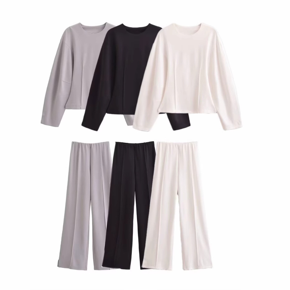 Casual Style Pure Color Women's Casual Round Neck Long-Sleeved Top + High-Waist Pants 2025 Spring European and American Style New Style