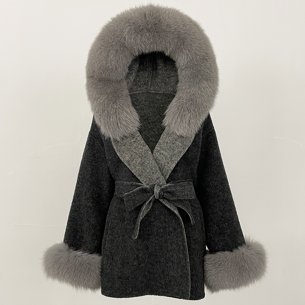 Picture of New Hooded Color-Blocked Fox Fur Collar Autumn and Winter Double-Sided Wool Outwear Women's Cloak Waist Thickeneded Woolen Outwear