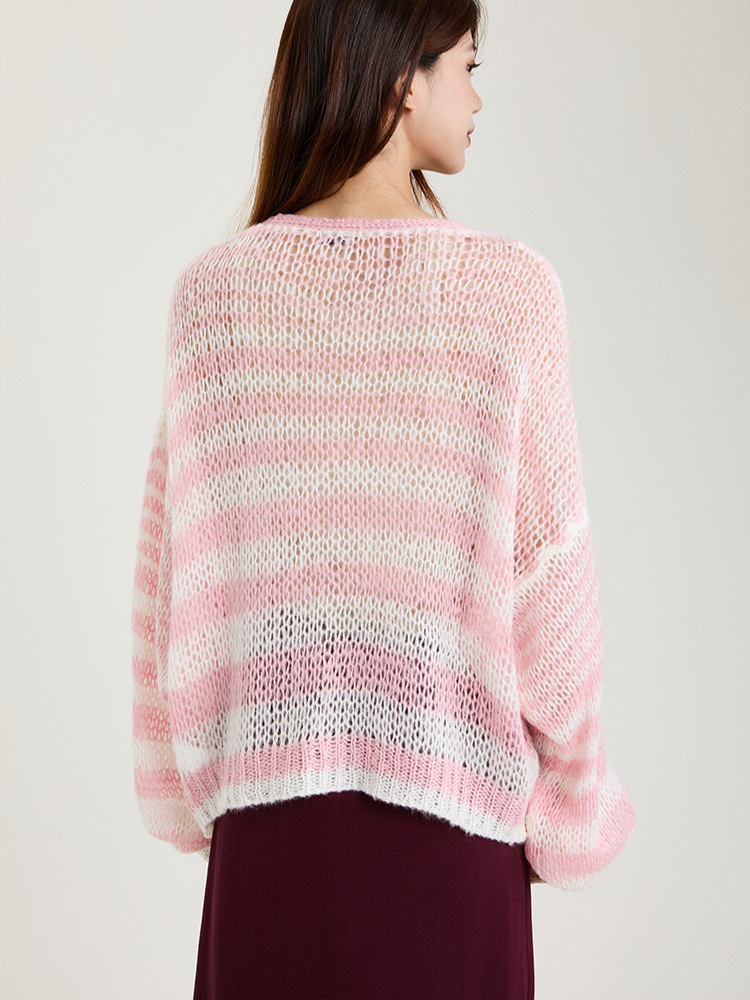 Picture of Spring and Autumn Fresh Lazy Loose Knitted Cardigan Top New Striped Contrast Color Hollow V-Neck Sweater Jacket for Women