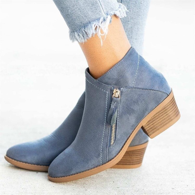 Cross-border foreign trade 2023 new side zipper plus size Martin boots women's short boots pointed toe mid heel root low tube women's boots