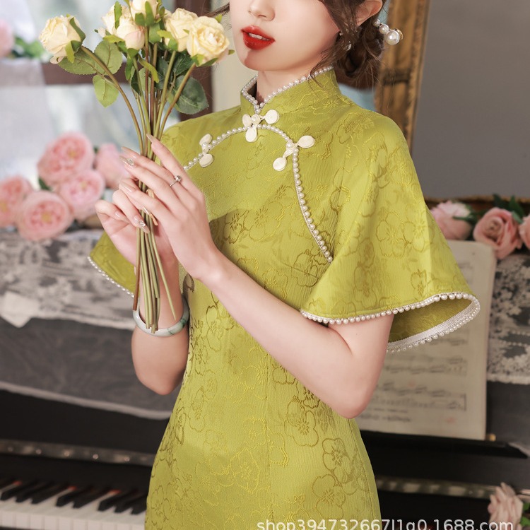Antique Green Cheongsam Dress Girl's Fresh Long Overturned Big Sleeve High-end Sense Improved Daily Young Dress for Summer