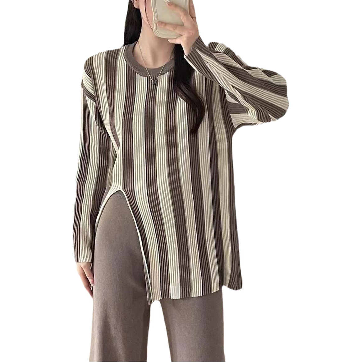 2025 Xiaoxiang Style Elegant Socialite Knitted suit Women's Autumn Irregular Striped Top Casual Wide Leg Pants Two-piece Set