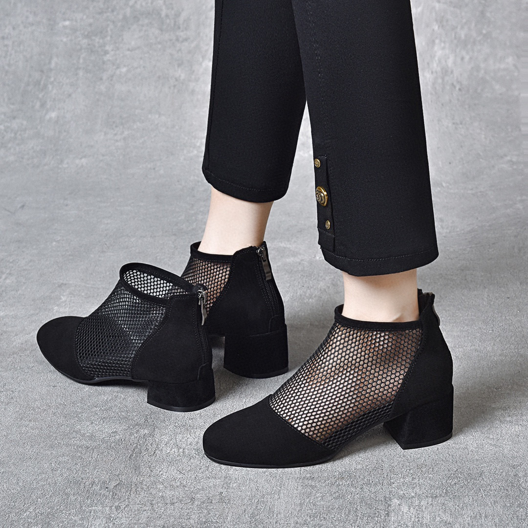 Round toe mesh shoes women's 2024 European and American style black mesh shoes two height fashion shoes simple temperament high heels