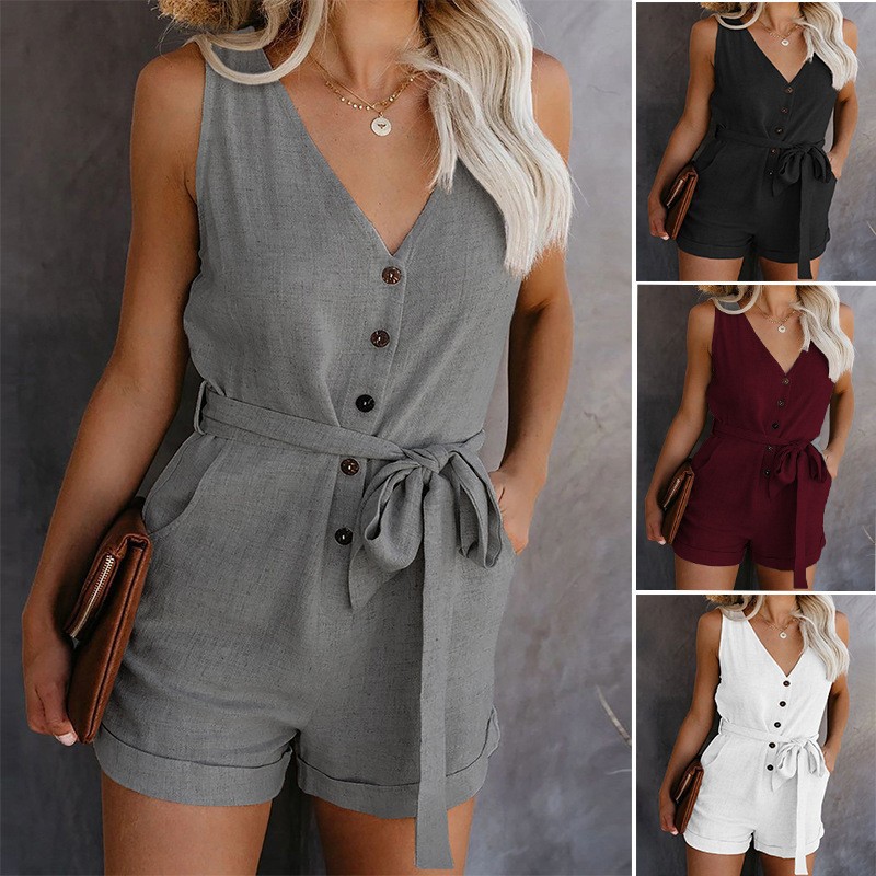 2023 Summer cross-border new Amazon wish European and American solid color casual V-neck bow women's five-point jumpsuit