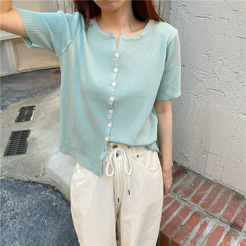 Picture of Summer 2025 New Knitwear Women's Korean Style Thin Bottoming Shirt Pure Color Slimming Look Versatile Single-Breasted Short-Sleeved Top