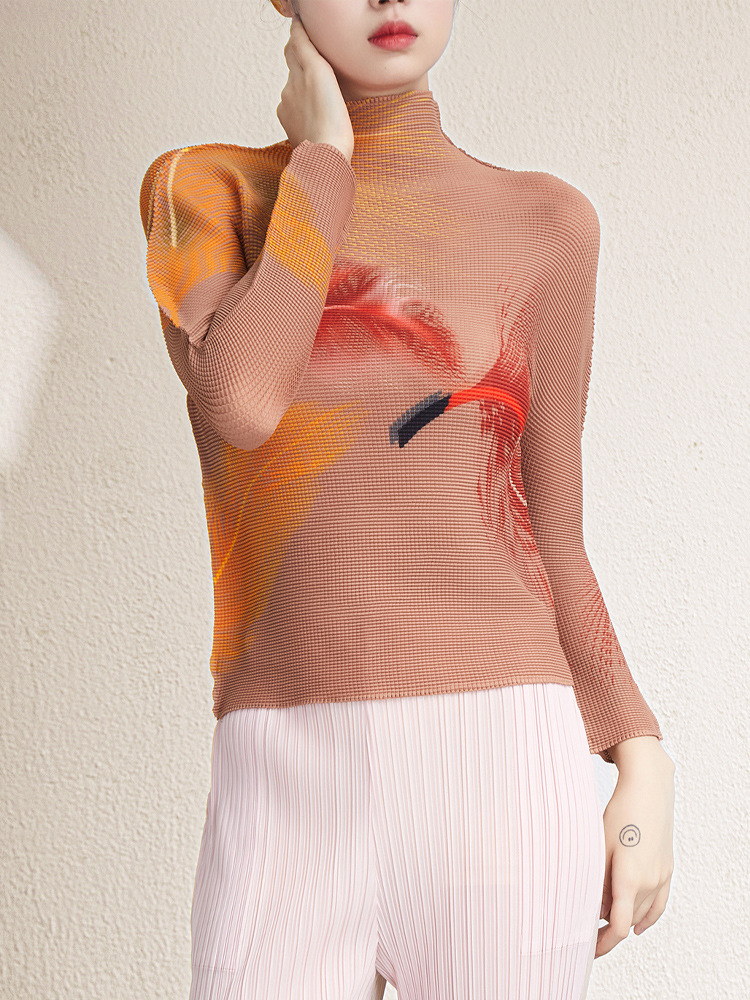 Picture of Miyake's New Half Turtleneck Stretch Slim Printed Bottoming Shirt Top 2025 Autum Pleated Long-Sleeved T-Shirt for Women