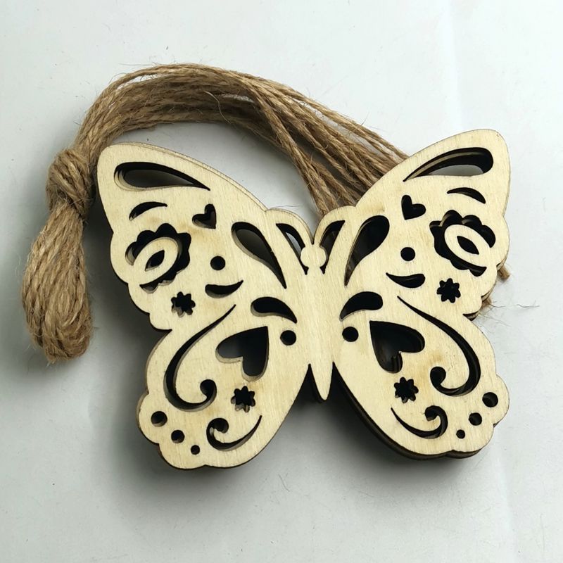 Wooden hollow butterfly pendant DIY butterfly wood crafts decoration 10 pieces a pack with hemp rope