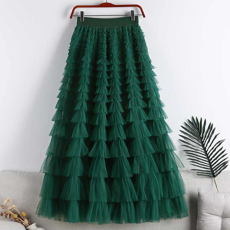 Mesh Stitching Cake Skirt New Mid-length Skirt A- line Long Skirt Tulled Veil Skirt