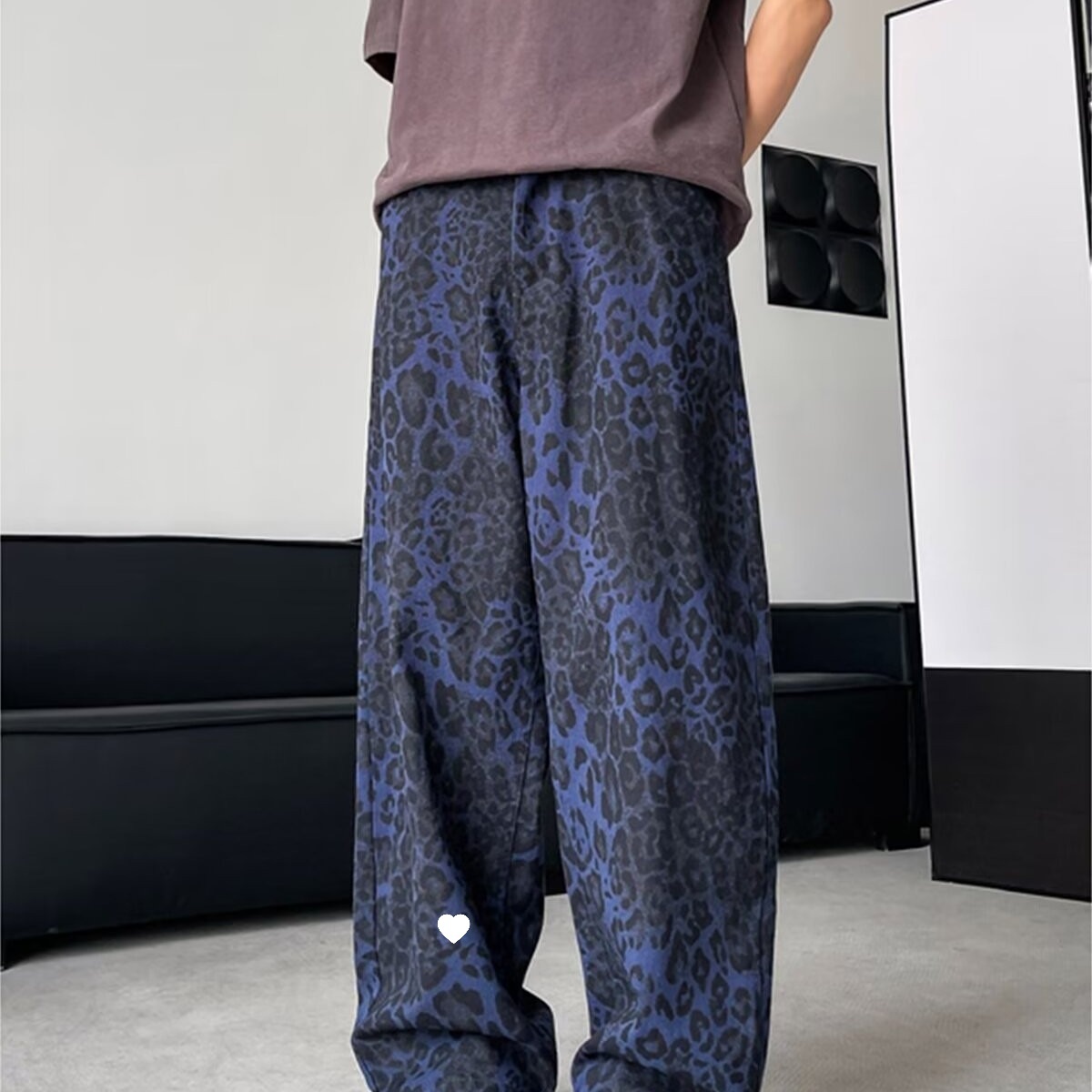 2024 Summer New Korean Style Niche Design Retro Old Liquid Blue Leopard Print Jeans Women's Trendy Purple Blue