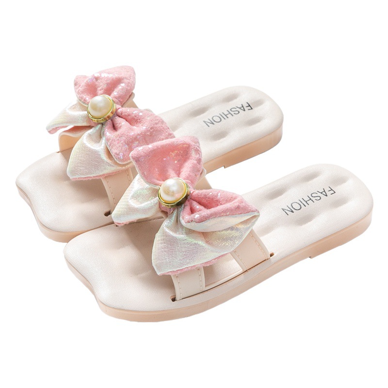 New Pearl Two-color Double-layer Fleece Leather Bow Children's Slippers Sweet Cute Girls' Bow Slippers