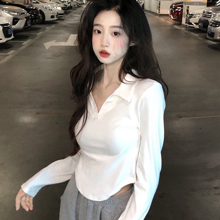 Pure Cotton V-neck Lapel Sexy Sweet and Hot Style Western Style Long-sleeved T-shirt Women's Small Outer Wear Slim-fit Top Base Shirt Trendy