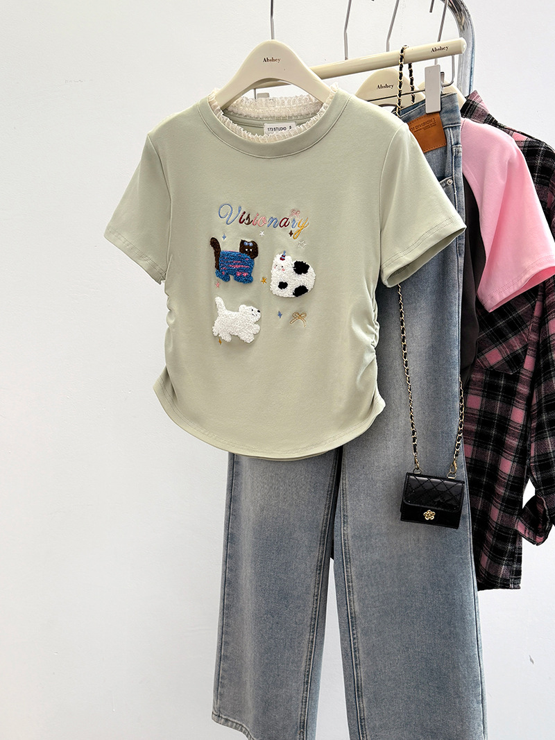 Niche Design Cute Shoulder Short-sleeved T-shirt Summer 2024 Trendy Embroidered Slim-fit Short Round Neck Top Korean Style Women