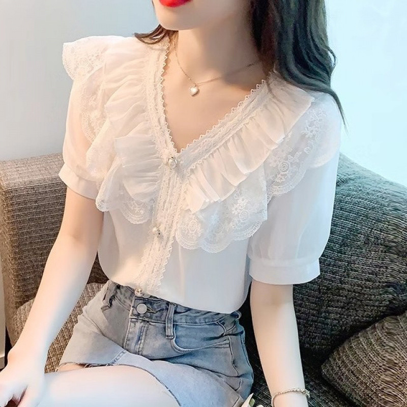 2025 New Summer Style Sweet Temperament Lace Lotus Leaf Puff Short-Sleeved White Chiffon Shirt Top