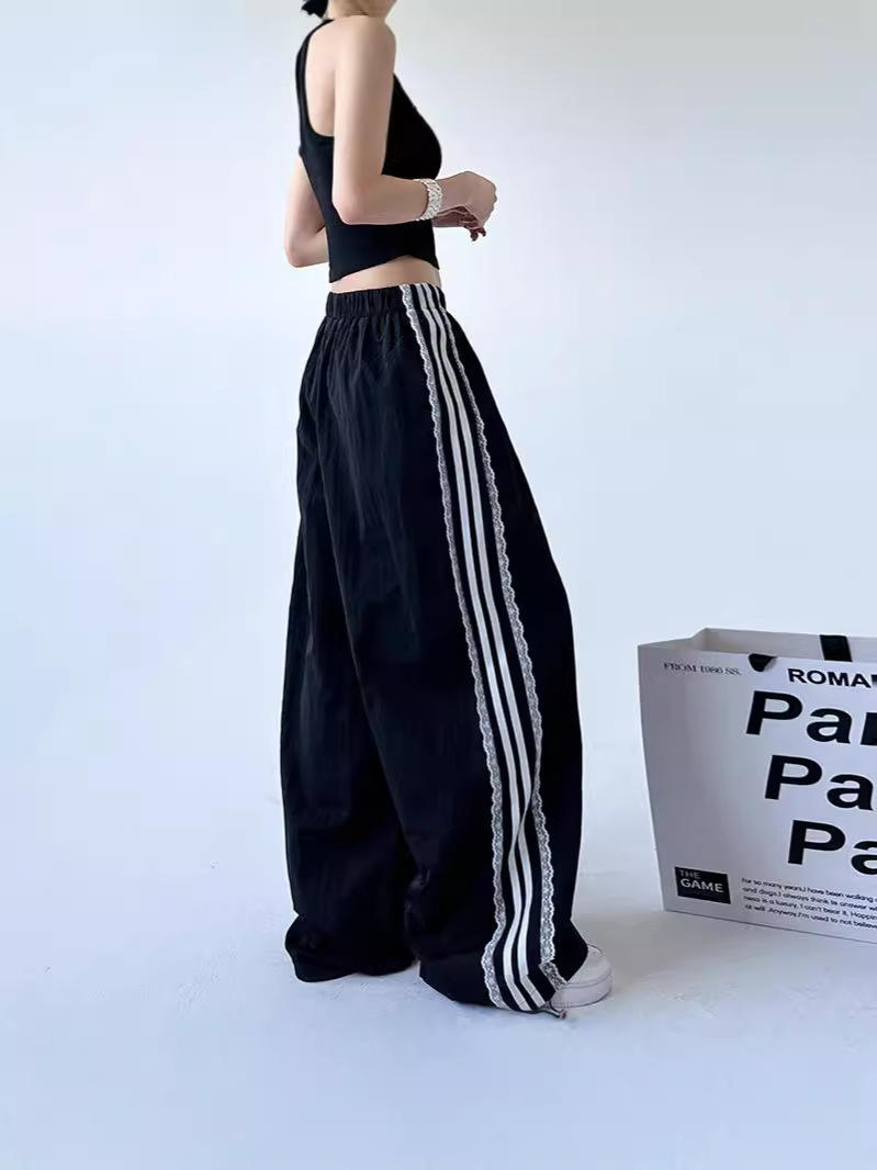 Street Wide Leg Pants Women's 2024 New Summer Fashion Western Style Lace Casual Pants American Style High Waist Pants Black Pants