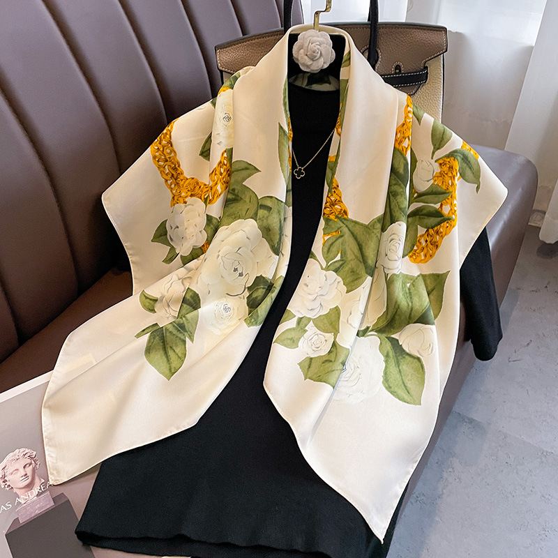 2024 Spring and Autumn New Fashion Printed Silk Scarf Women's Square 90 Large Square Scarf Summer Sunscreen Shawl Scarf