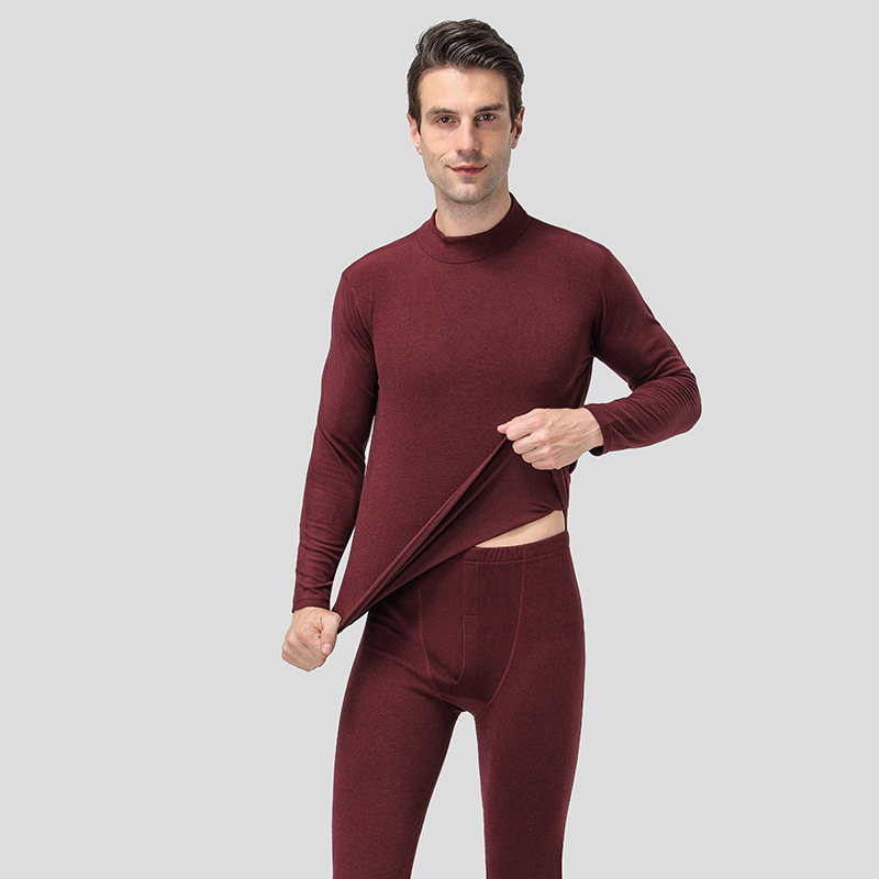 Men's Mid-Collar Double-Side Fleece Solid Color Thermal Underwear Set Round Neck Autumn and Winter Toothpick Strip Autumn Clothes and Pants Set Men's
