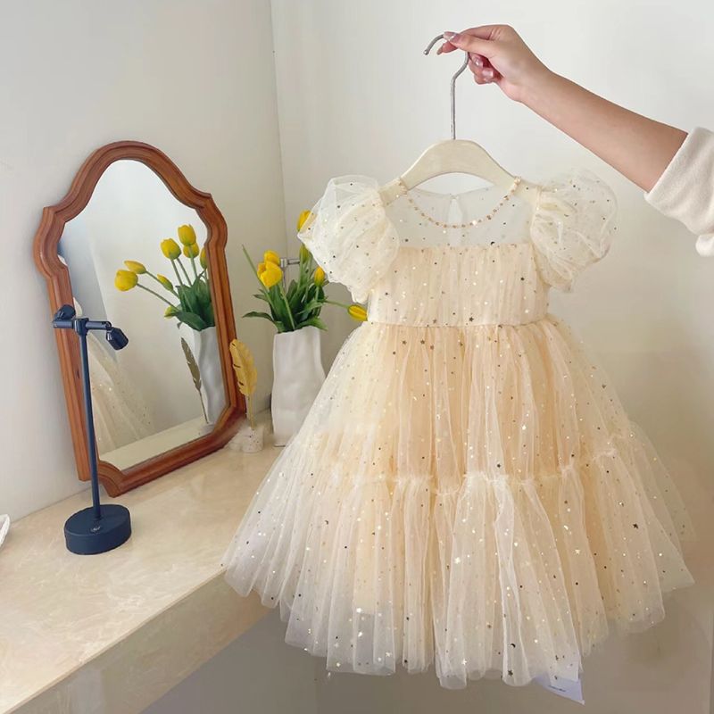 Girls dress summer new Korean baby premium mesh puff sleeve skirt birthday princess dress