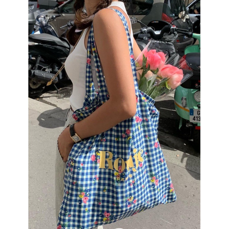 Picture of "Rollyrolly" Feverouje Blue Plaid Flower Logo Printed Bag French Bamboo Bag