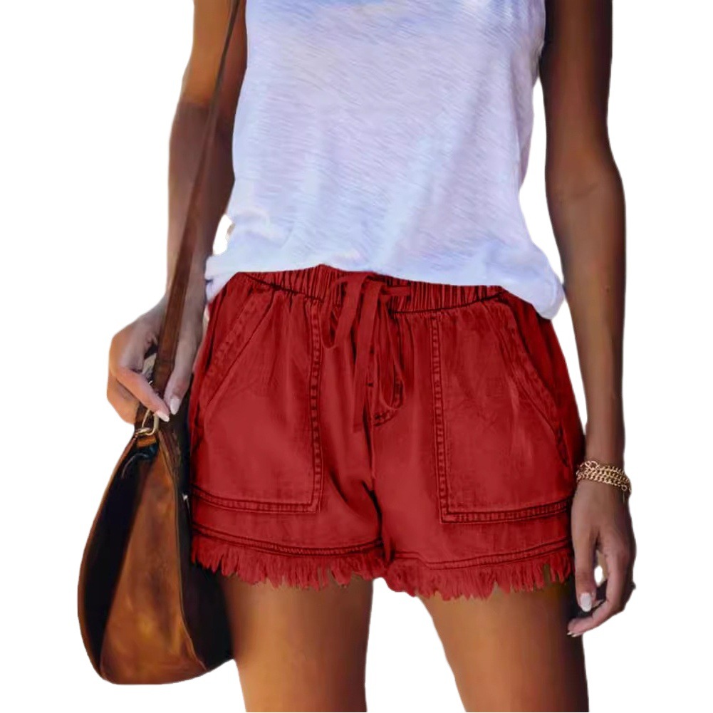 Picture of European and American Foreign Trade Cross-Border Supply Elastic Waist Casual High Waist Slim Tassel Denim Shorts for Women