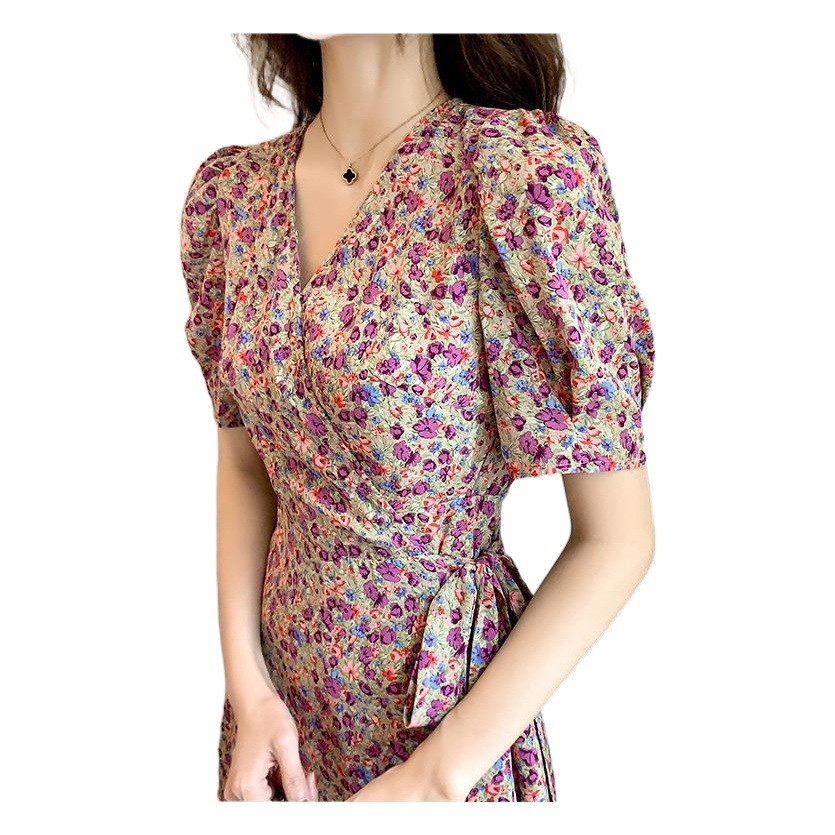 2025 summer new super fairy forest waist slim V-neck floral one-piece large swing short sleeve dress women's ins