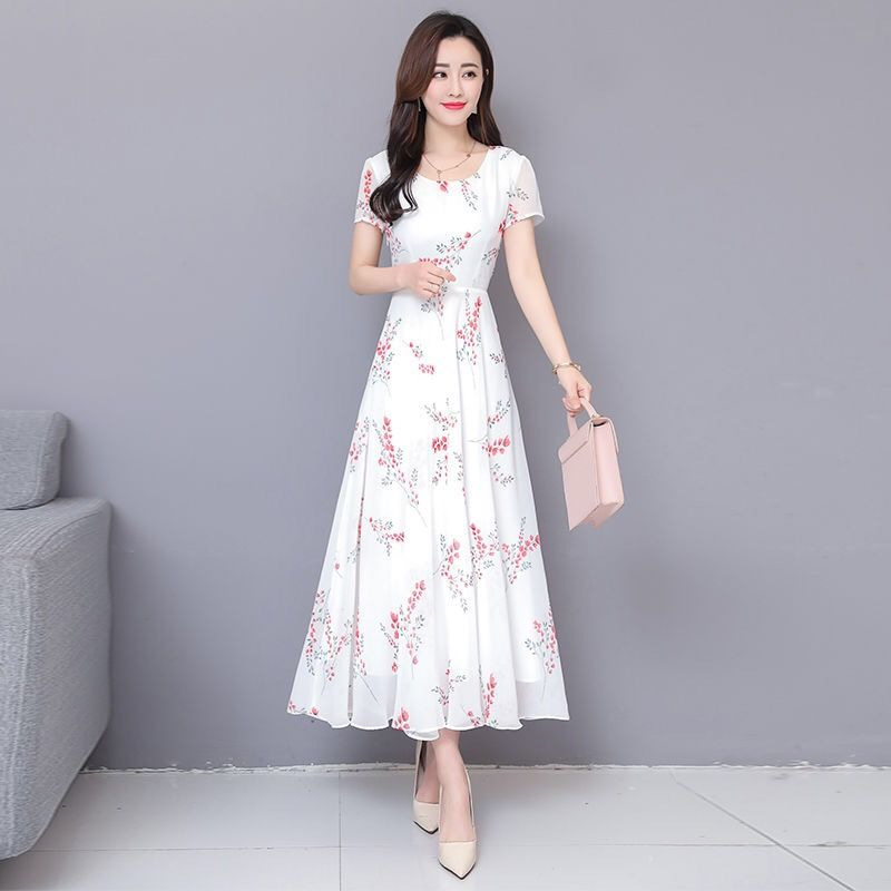 Picture of Fashion Dress for Women 2022 Summer New Floral Short-sleeved Mid-length Skirt Elegant Slimming Look Long Skirt for Women