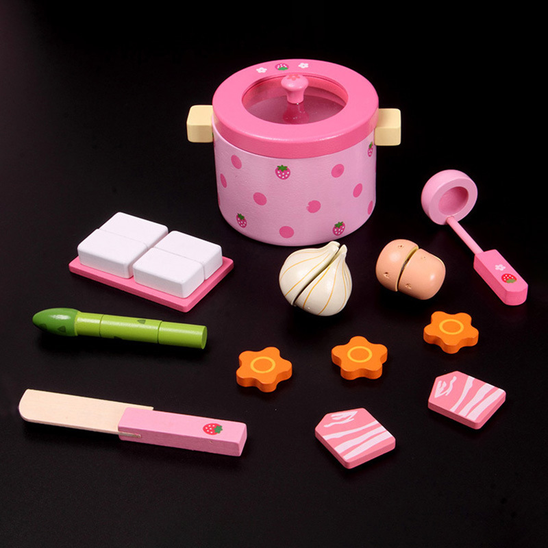 Picture of Wooden Pretend Play Vegetable Hot Pot with Cutting Board and Kitchen Utensils Set for Children
