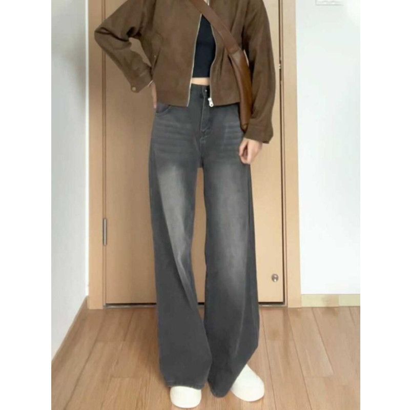 Vintage Black Grey Washed Wide Leg Jeans Women's 2024 Spring and Autumn American Style High Waist Loose Slimming All-match Mop Pants