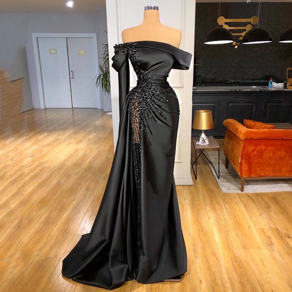 Cross-border European and American off-shoulder cocktail party black evening dress 2025 new temperament slim dress fishtail annual meeting