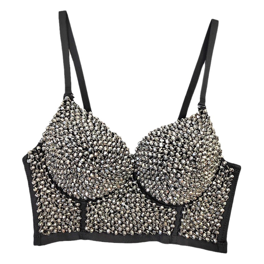 European Station cross-border hot sale bright diamond crystal beaded sexy bra super popular short Fishbone tube top big backless sling