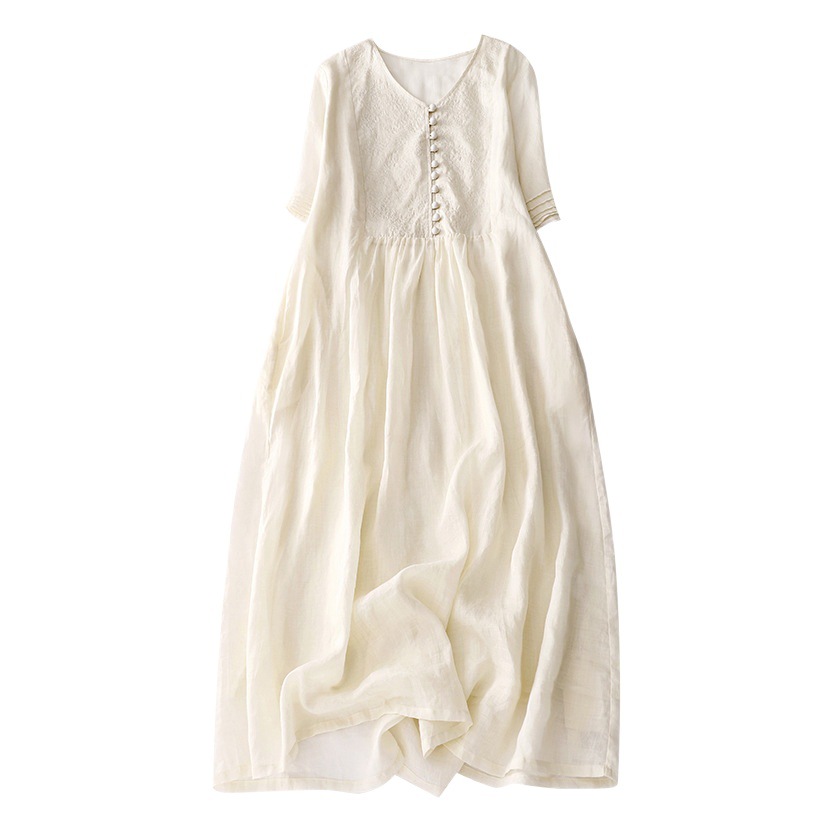2023 Summer New High-end Embroidered Cotton and Linen Solid Color Apricot V-neck Dress Artistic Loose Large Size A- line Dress